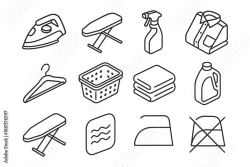 Laundry icons: iron, ironing board, clothing hangar, detergent, folding, spray bottle.