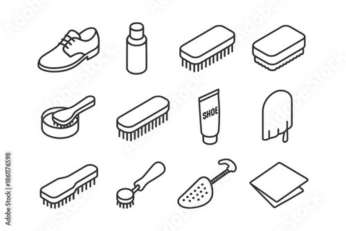 Shoe care product icons: brush, polish, sponge, cream, cloth outlines.