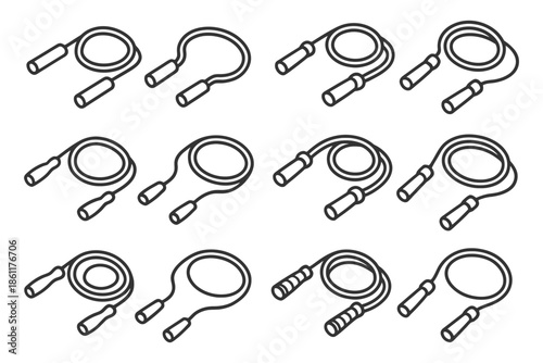 Collection of jump rope line art illustrations for fitness and exercise.