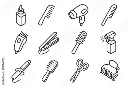Set of black and white line icons of hair styling tools and accessories.