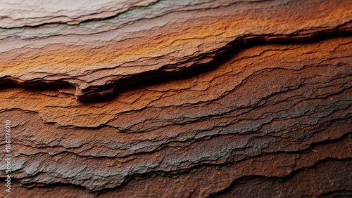 Close up view of weathered layered rock formations with rich reddish brown tones