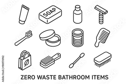 Zero waste bathroom items illustration with soap, bamboo toothbrush, reusable razor, and more.