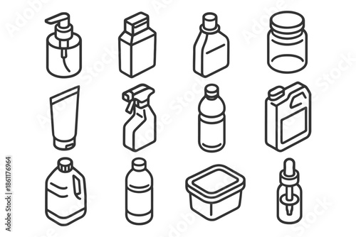 Set of black and white line icons of various container types and shapes.