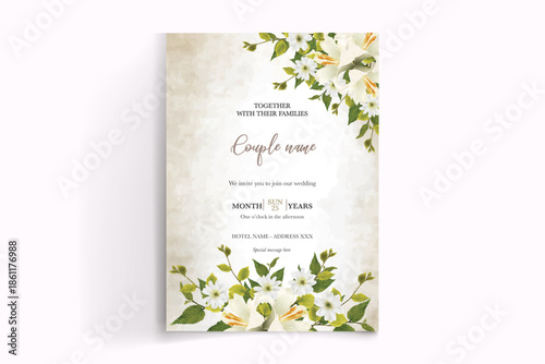 WEDDING INVITATION FRAME WITH FLOWER DECORATIONS AND FRESH LEAVES