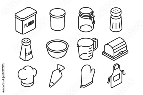 Essential baking tools: measuring cups, jars, salt, mixing bowls, chef hat, and baking accessories.