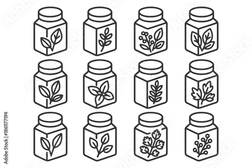 Set of twelve line art herb jars with leaves and botanical designs.