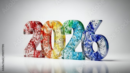 Colorful 2026 numbers displayed on a white background with reflection