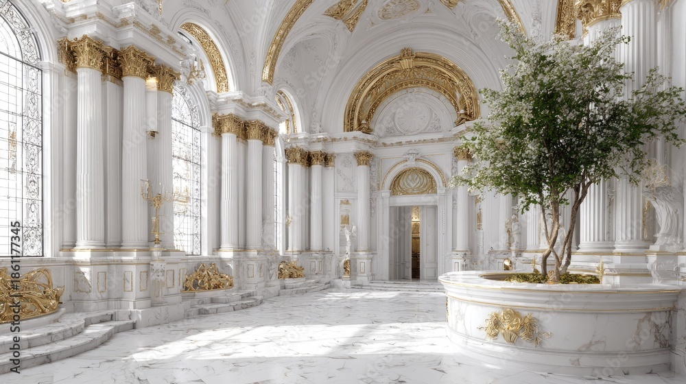 Fototapeta premium Ornate white and gold palace interior with large windows and a tree.