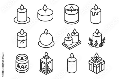 Set of candle icons: variety of designs, lanterns, and decorative elements.