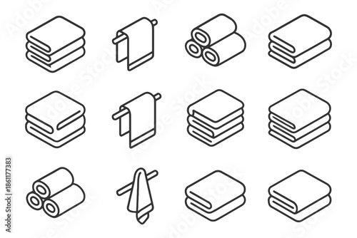 Outline icons of folded and hanging towels in various arrangements.