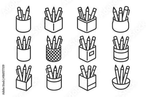 Collection of pencil holders with assorted pencils in various containers.