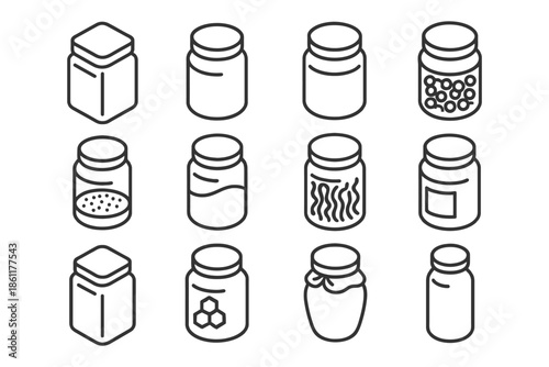 Outline icons of various spice and condiment jars in assorted shapes and sizes.