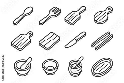 Set of black line kitchen utensil icons including spoon, fork, knife, and mortar.