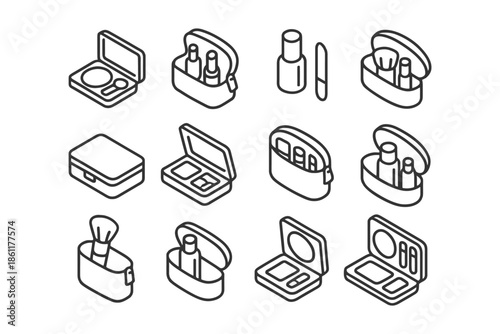 Minimalist line art cosmetics icons collection featuring makeup kits and accessories.