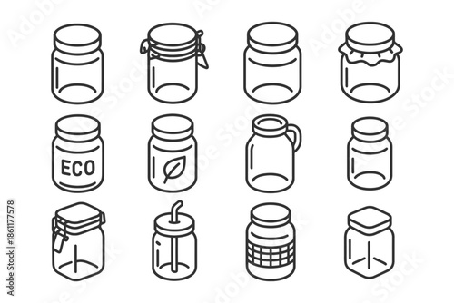 Collection of reusable jar icons: eco-friendly storage solutions.