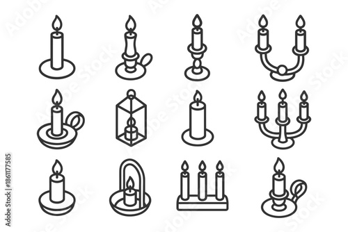 Set of line drawings of candle holders and candelabras with decorative designs.
