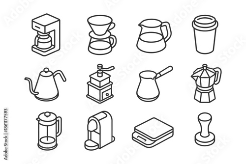 Isometric icons of coffee brewing devices and accessories.