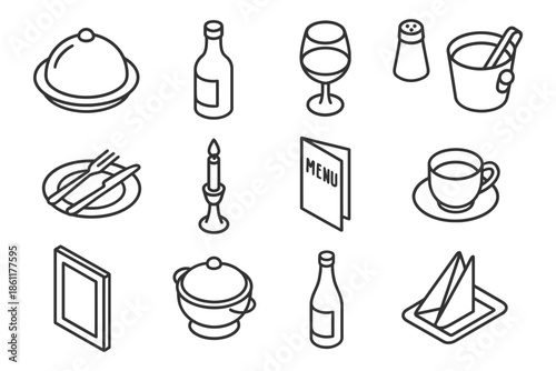 Dining icons set: wine glass, menu, candle, utensils, cup.