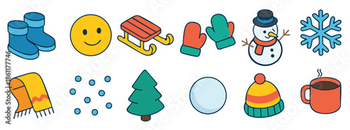 Winter Season Icons Collection With Snowman Sled Snowflake Mittens Keywords: winter, season