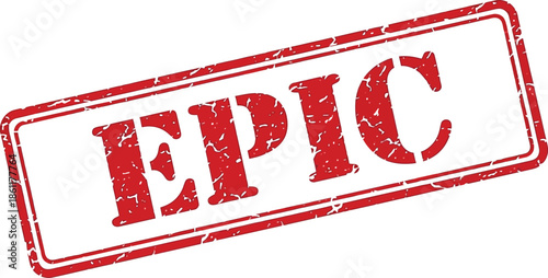 A vibrant red stamp displaying the word epic in bold weathered lettering within a rectangular frame