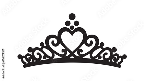 Ornamental crown silhouette with heart centerpiece and curling scrollwork (vector)