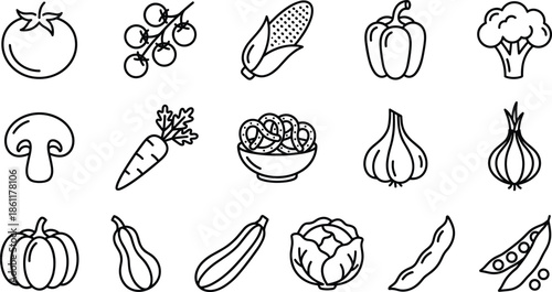Vector Set of Vegetable Line Icons Featuring Tomato, Corn, Broccoli, Mushroom, Carrot, Garlic, Onion, Pumpkin, Cabbage, and Organic Healthy Garden Elements
