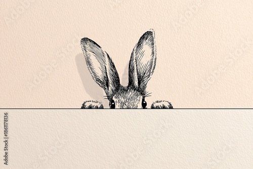 Cute rabbit face and ears peeking above a horizontal line on textured paper background. Minimal Easter concept with large empty space for text or design.