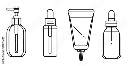  line art style icons of cosmetic bottles featuring a serum