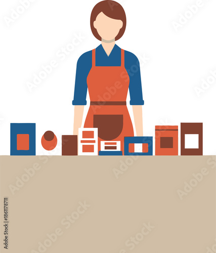 Illustration of a shopkeeper behind a counter filled with various products