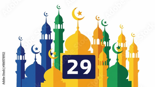 Colorful illustration of multiple mosques with crescent moons and stars, featuring the number 29 in a central banner, symbolizing Islamic culture and celebration.