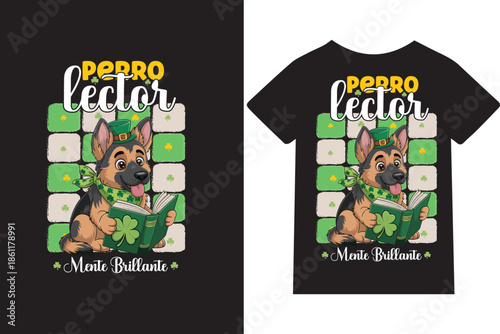 Perro lector, mente brillante -Diseño de camisetas, frases, carteles, tazas y tipografía creativa.