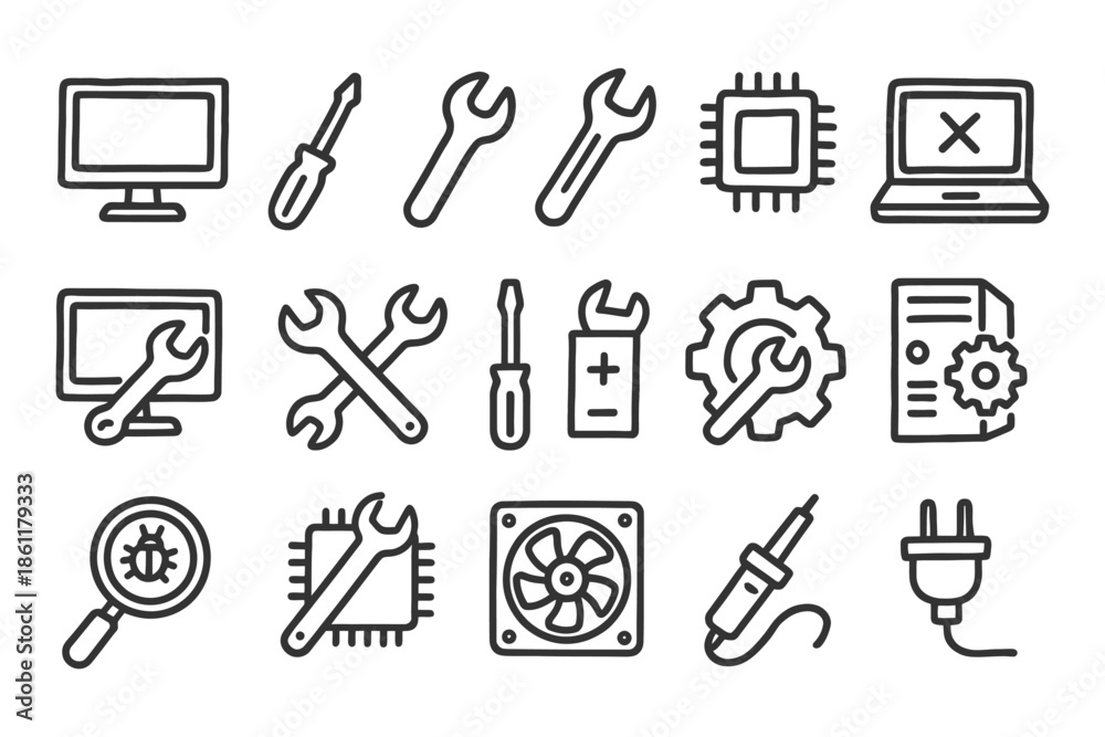 Fototapeta premium Simple line icons of computer repair tools and components.