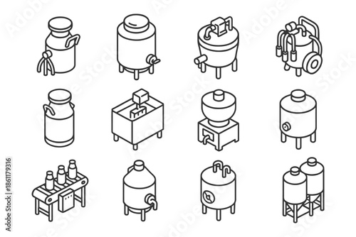 Isometric outline of industrial brewing equipment collection.