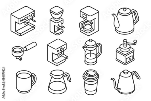 Line art icons of various coffee makers and accessories on white background.