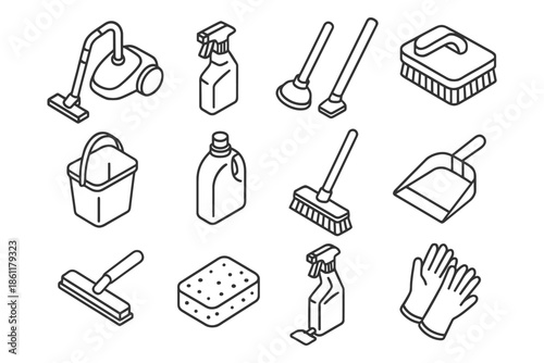 Outline icons of cleaning supplies: vacuum, spray bottles, brushes, gloves, and more.