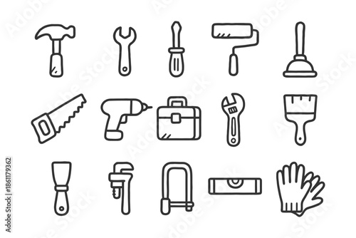 Set of hand tools icons for diy and repair projects.
