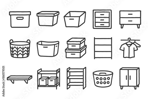 Hand-drawn storage solutions: boxes, shelves, and wardrobe icons collection.