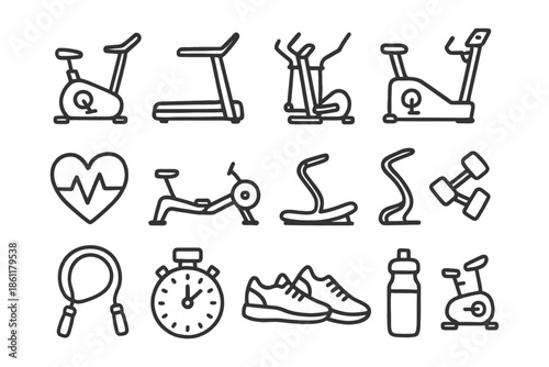 Fitness equipment icons: treadmill, exercise bike, dumbbells, stopwatch, sneakers, water bottle.