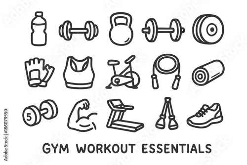 Essential gym equipment icons: dumbbells, kettlebell, treadmill, jump rope, cycling.