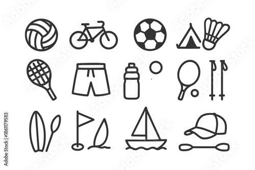 Collection of sports and outdoor activity icons in simple line style.