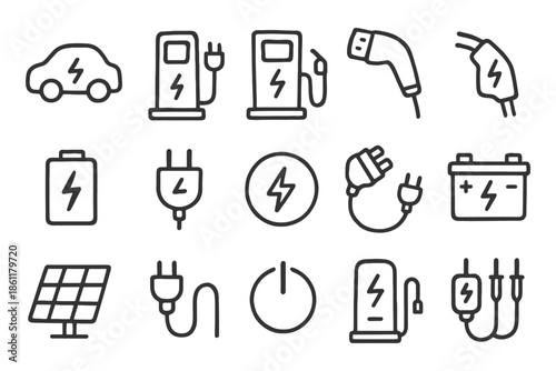 Electric vehicle charging icons set: car, battery, plug, solar panel symbols.