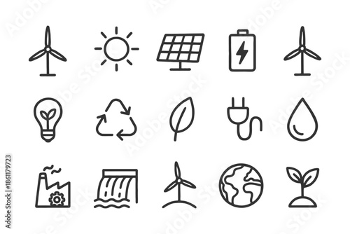 Renewable energy icons: wind turbines, solar panels, recycling, and sustainability symbols.