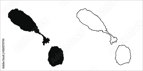 Print Saint Kitts and Nevis Black and White Maps Set, Minimal Outline Island Map Vector Illustration, Caribbean Geography Design for Education, Infographic and Print