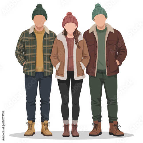 Trendy people in winter outfits illustration standing together stylishly wearing hats and jackets for outdoor fashion or seasonal apparel concept