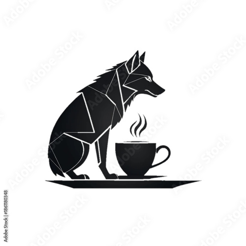 Silhouette illustration of a wolf holding a cup of hot coffee on a white background, minimalist vector style.