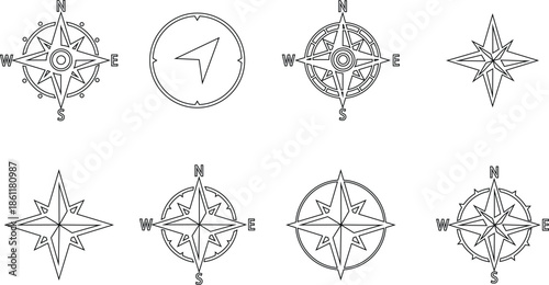 Set of compass navigation icons, collection of direction and orientation symbols, group of line vector illustrations, add compass rose, bearing, route, travel guide, black icon