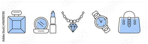 A set of 5 mix icons as perfume bottle, cosmetics, jewellery in grey color