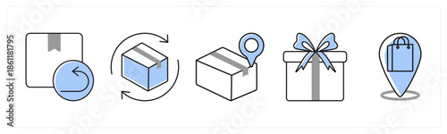 A set of 5 mix icons as return package, exchange product, delivery location in grey color