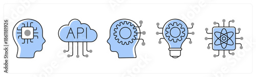 A set of 5 mix icons as artificial intelligence, api integration, machine learning in grey color