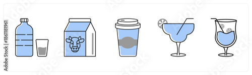 A set of 5 mix icons as water bottle, milk, coffee cup in grey color